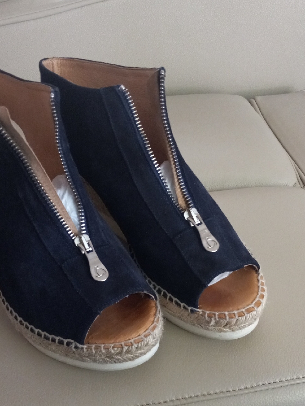 kanna  Emily Navy Suede Peep-Toe Wedge Sandals with Front Zipper Size EU 39 - Picture 11 of 15